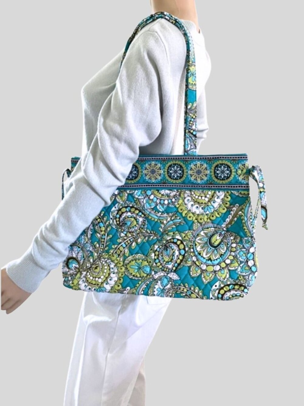 Vera Bradley Peacock Tie Tote Bag Quilted Cotton Paisley Floral Shoulder Bag